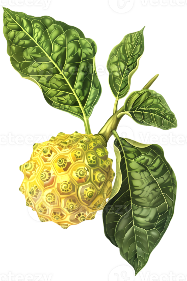 Noni Fruit Still Life with Yellow Green Fruit and Dark Green Leaves on Stem with Transparent Background png