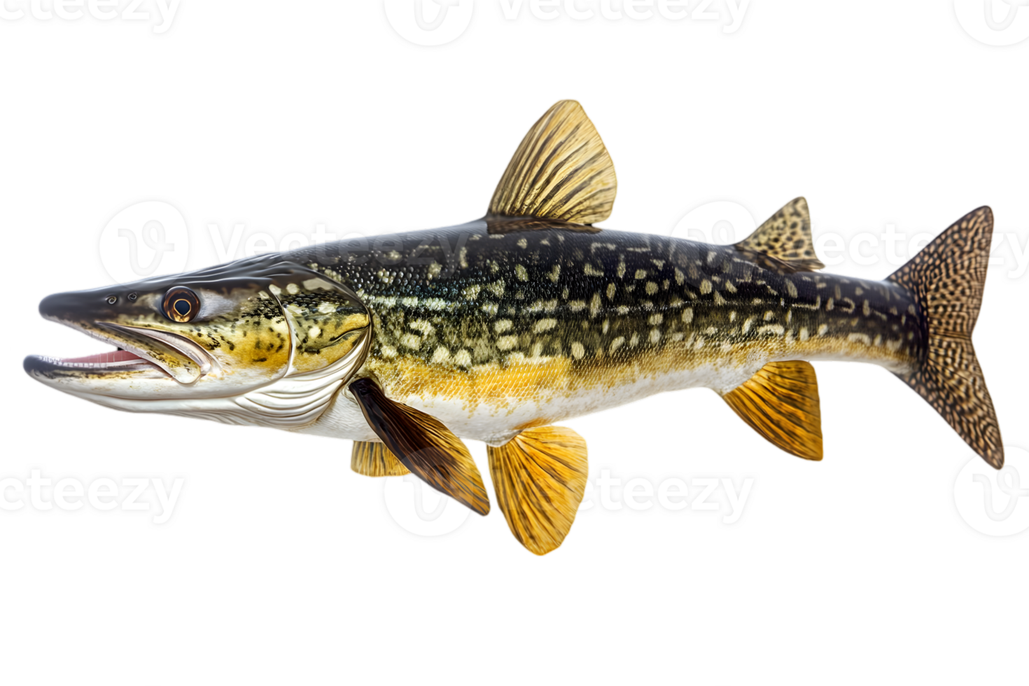 Northern Pike Isolated on Transparent Background with Yellow Fins and Speckled Pattern Body in a Cut Out Style png