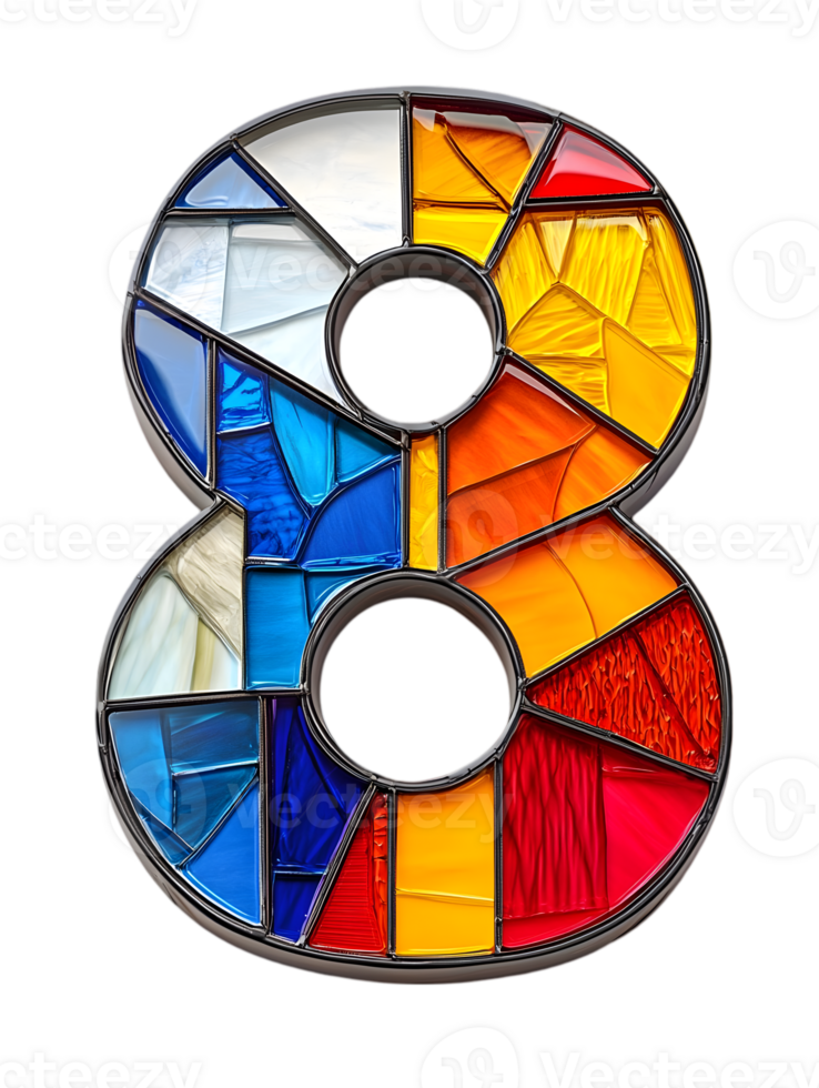 Number Eight Stained Glass Mosaic Isolated on Transparent Background Decorative Numeric Figure in Colorful Abstract Pattern png