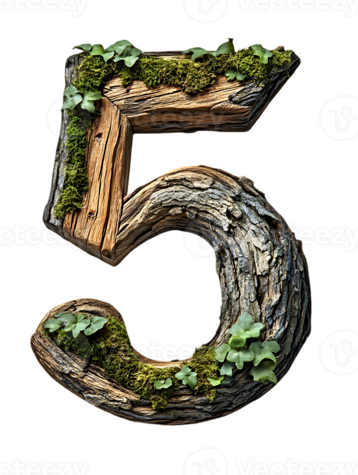 Number Five Crafted from Wood with Moss and Bark Against Transparent Background for a Natural Design Element png