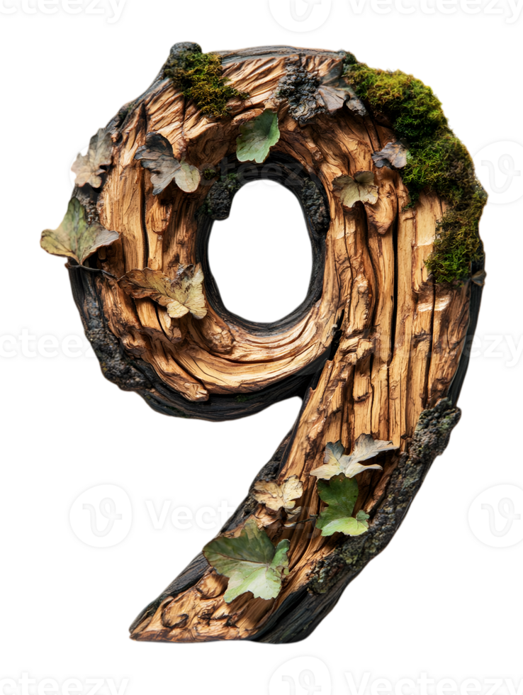 Number Nine Crafted from Weathered Wood with Moss and Leaves on Transparent Background png
