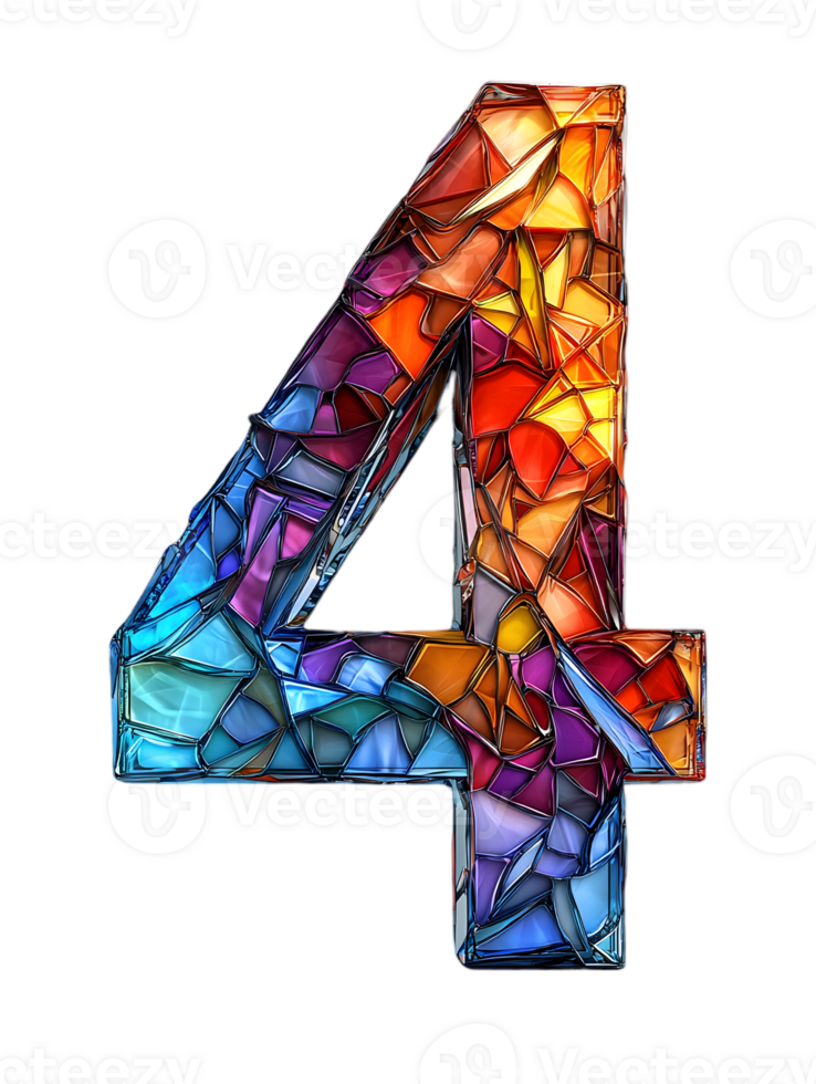 Number Four Mosaic Stained Glass Style on Transparent Background Featuring Colorful Geometric Patterns Fractured Tiles png
