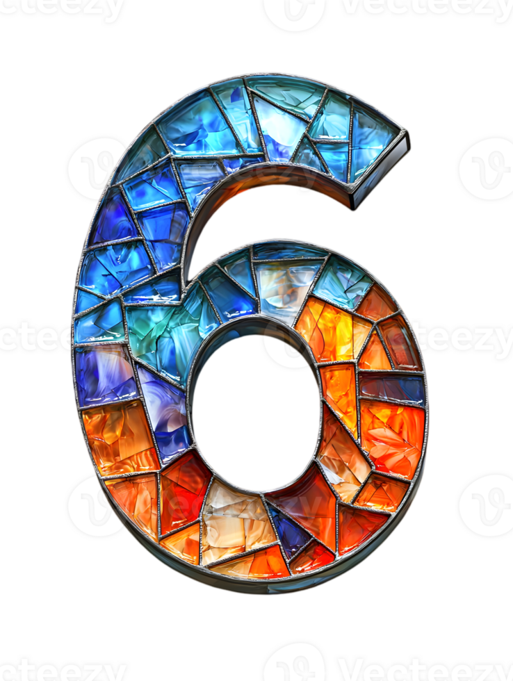 Number Six Stained Glass Mosaic Tile on Transparent Background Blue Orange Hues png
