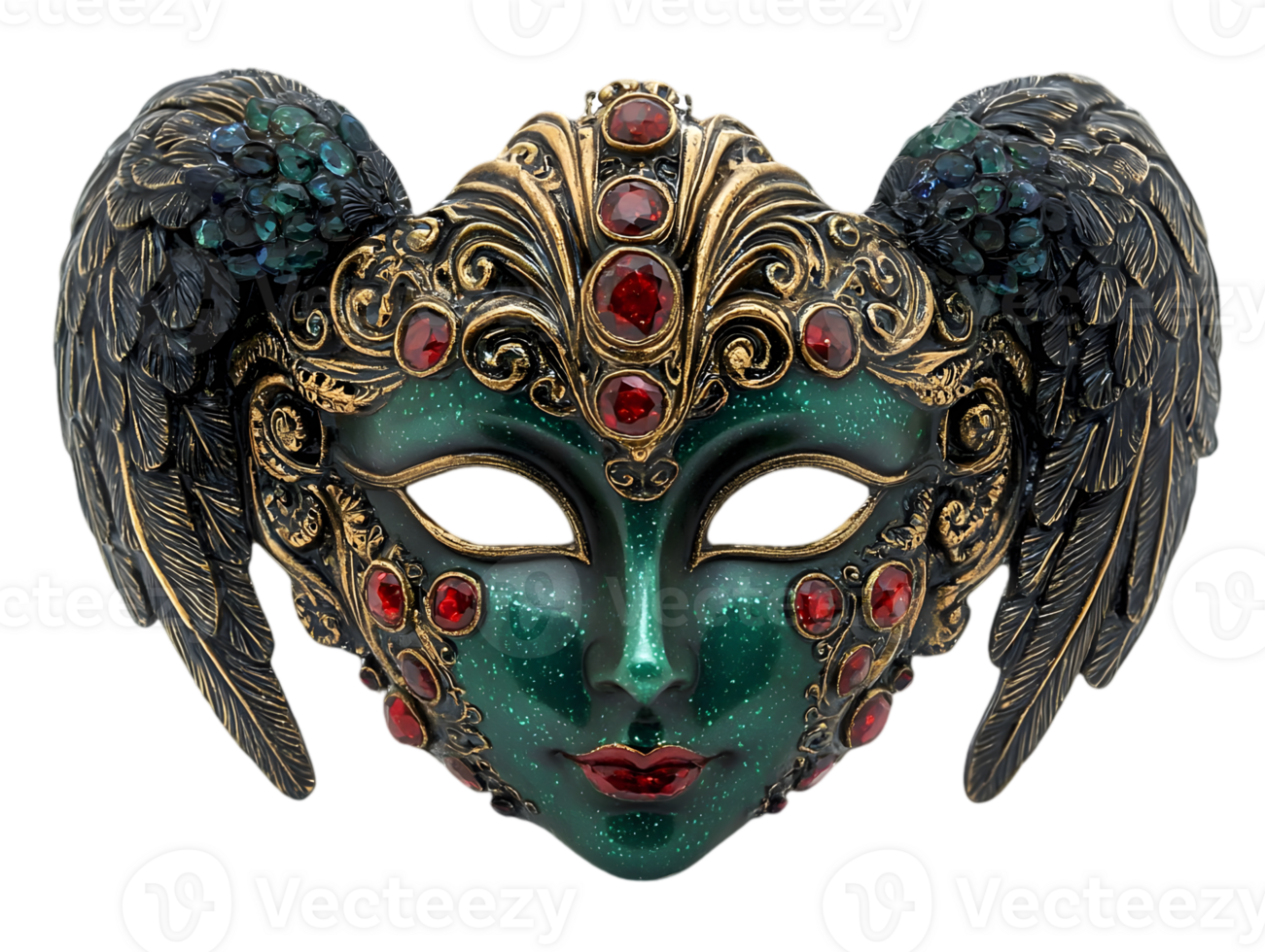 Ornate Green and Gold Venetian Masquerade Mask with Feathers and Red Gems on Transparent Background png