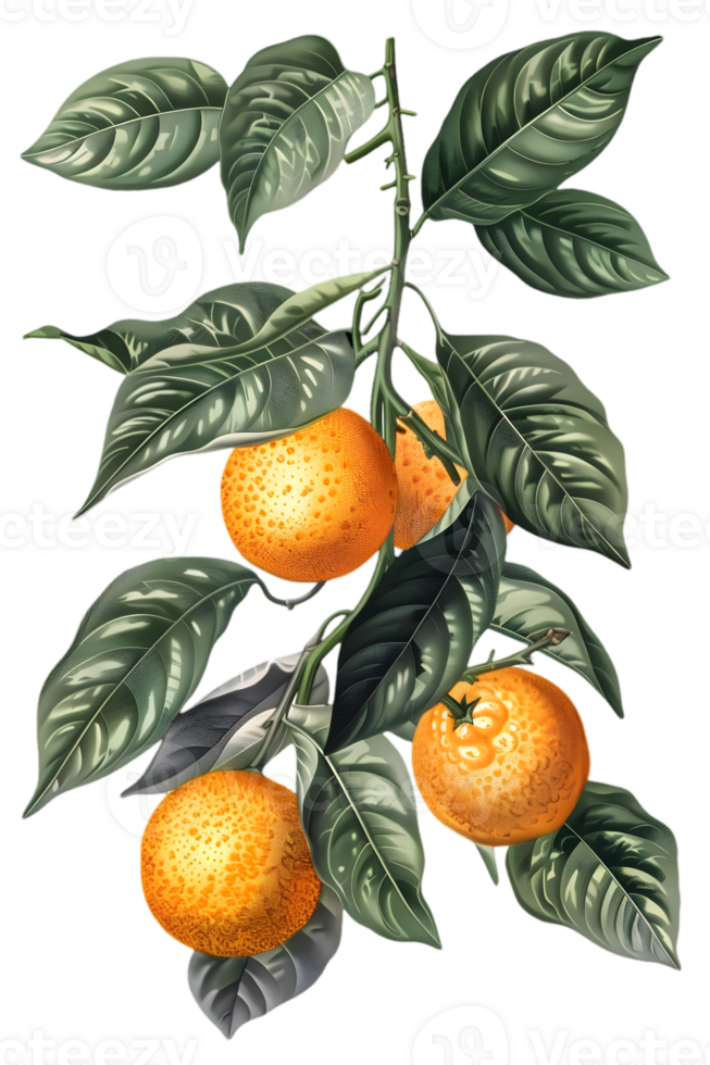 Oranges and Green Leaves on a Branch Isolated on Transparent Background Still Life Botanical Illustration of Citrus Fruit and Foliage png