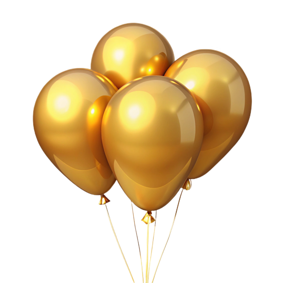 Four Shiny Golden Balloons Clustered Together on a Black Background png