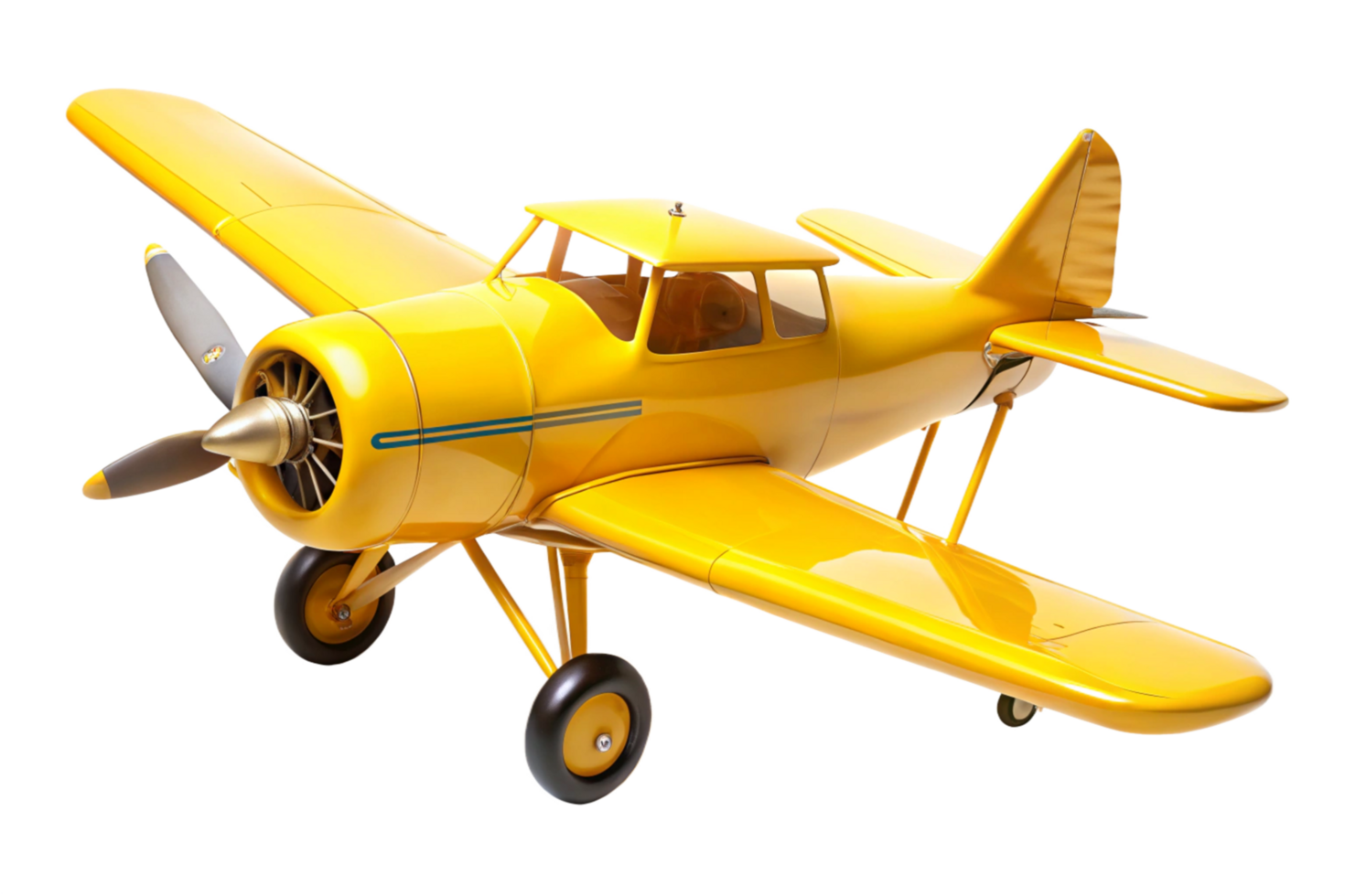 A vibrant yellow airplane model with a shiny finish and propeller png