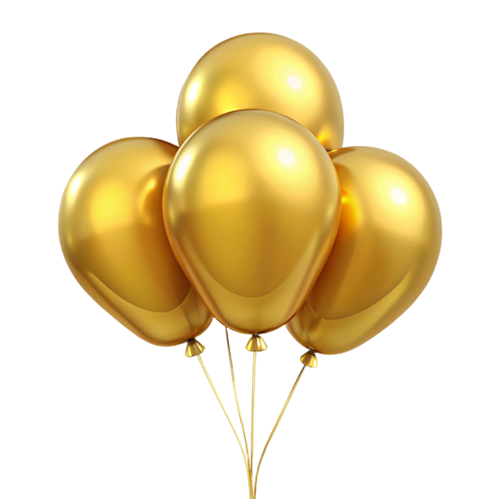 Four Shiny Golden Balloons Tied Together Floating in the Air png
