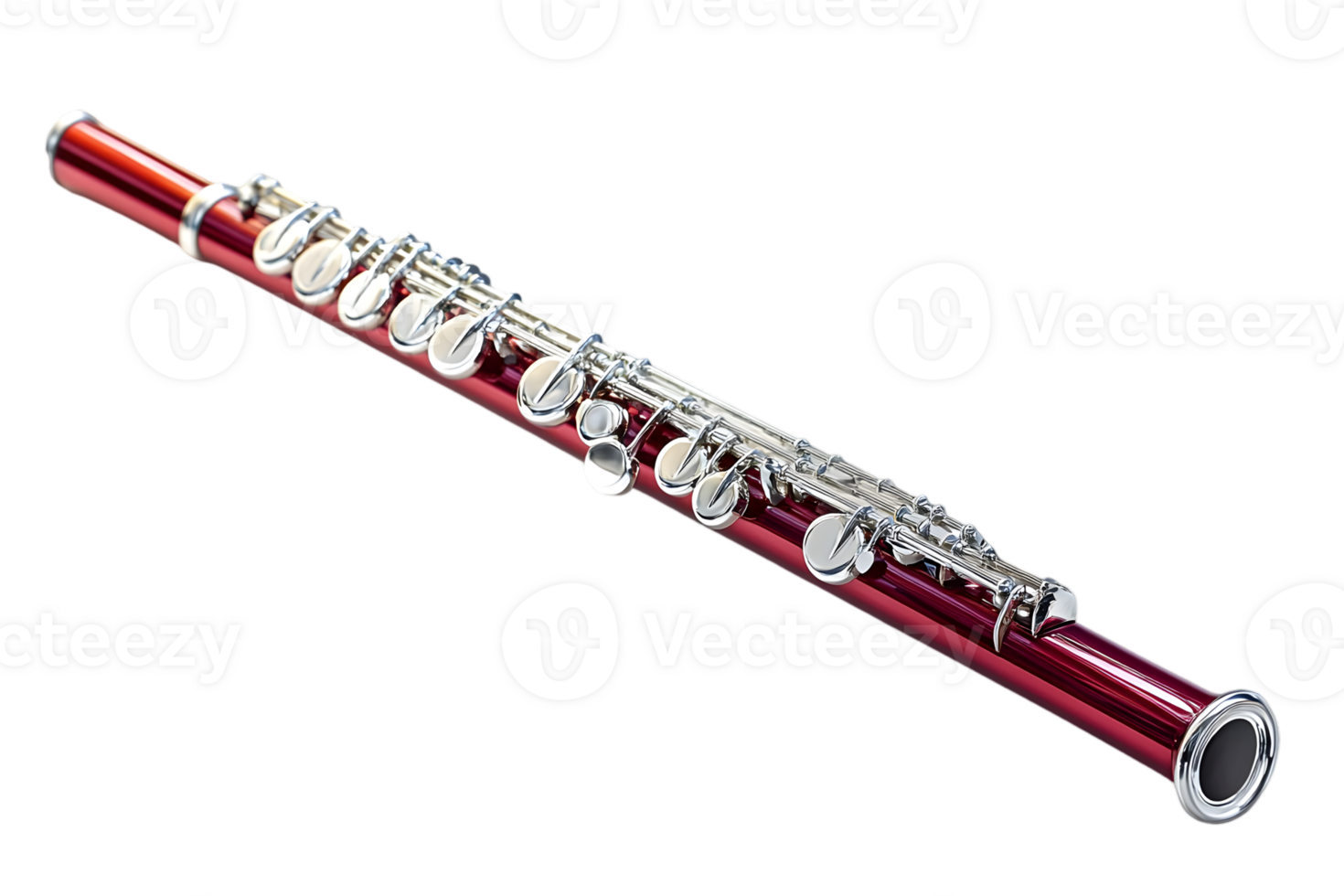 Ornate Red Piccolo Silver Keys and Fixtures on Black Background Musical Instrument for Orchestral or Band Use in Studio Close Up png