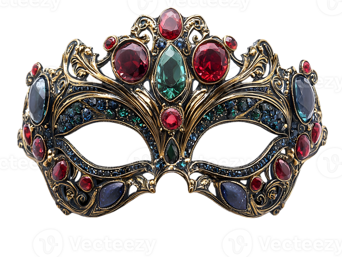 Ornate Venetian Carnival Mask Embellished with Gold and Colorful Jewels on a Dark Background png