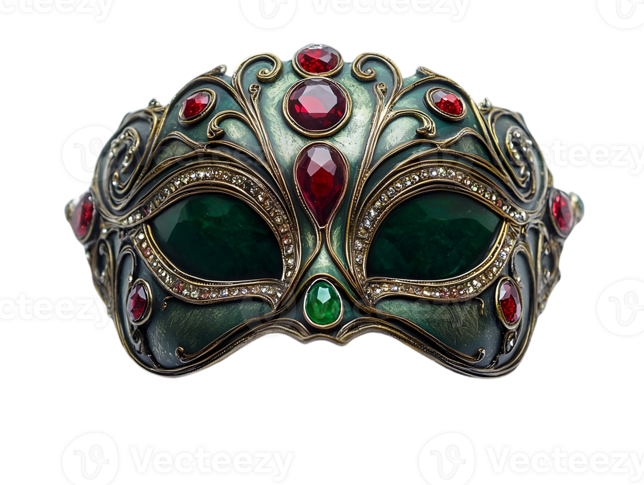 Ornate Venetian Mask with Gold Red and Green Gemstones on Transparent Background for Masquerade Ball png