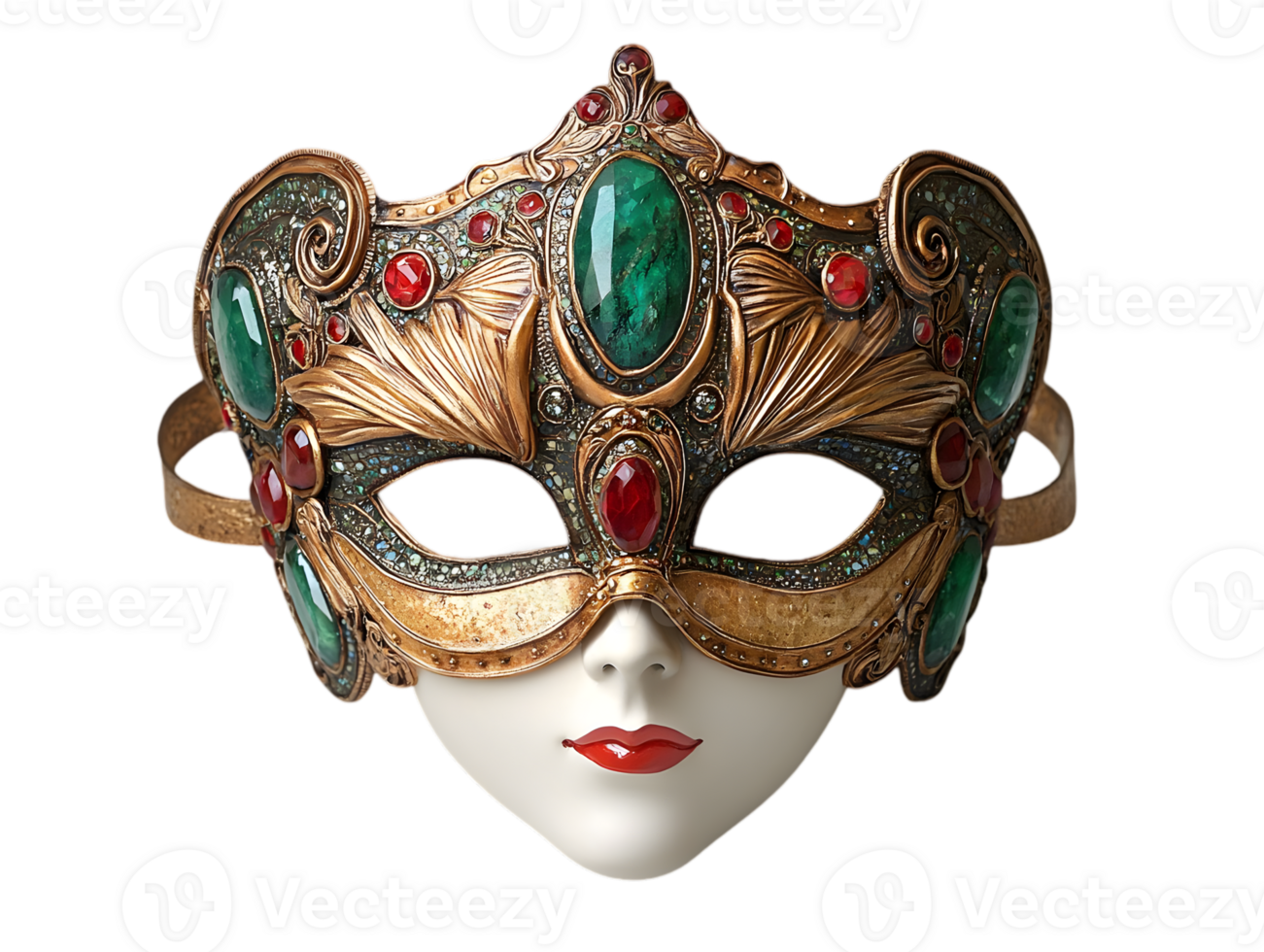 Ornate Venetian Mask with Gold Detailing and Gemstone Embellishments on Transparent Background png