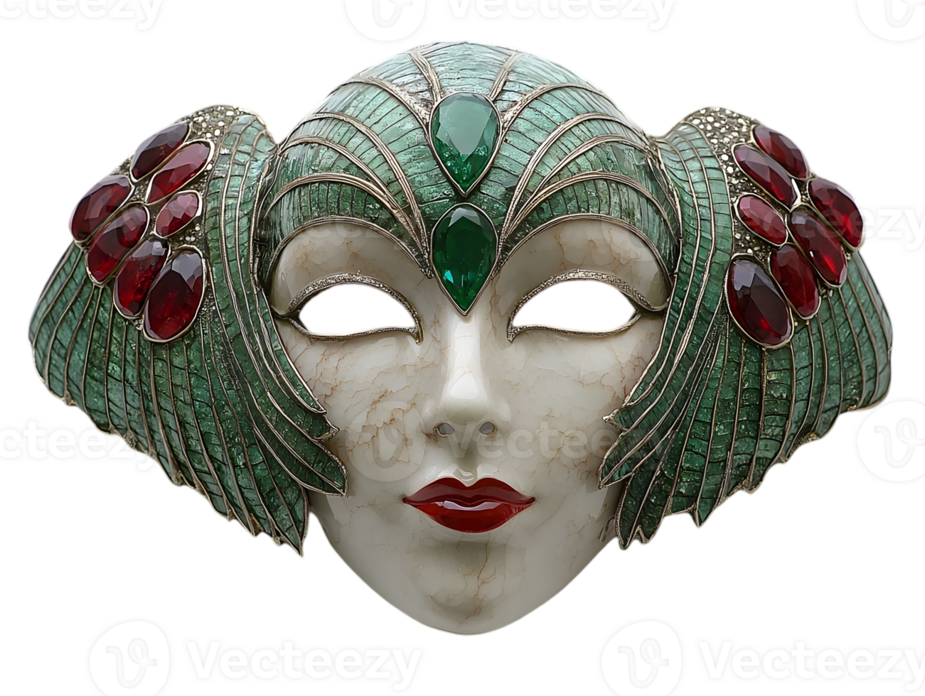 Ornate Venetian Mask with Green Feathers and Red Jewels Isolated on Transparent Background Showing Detailed Craftsmanship and Luxurious Decoration png