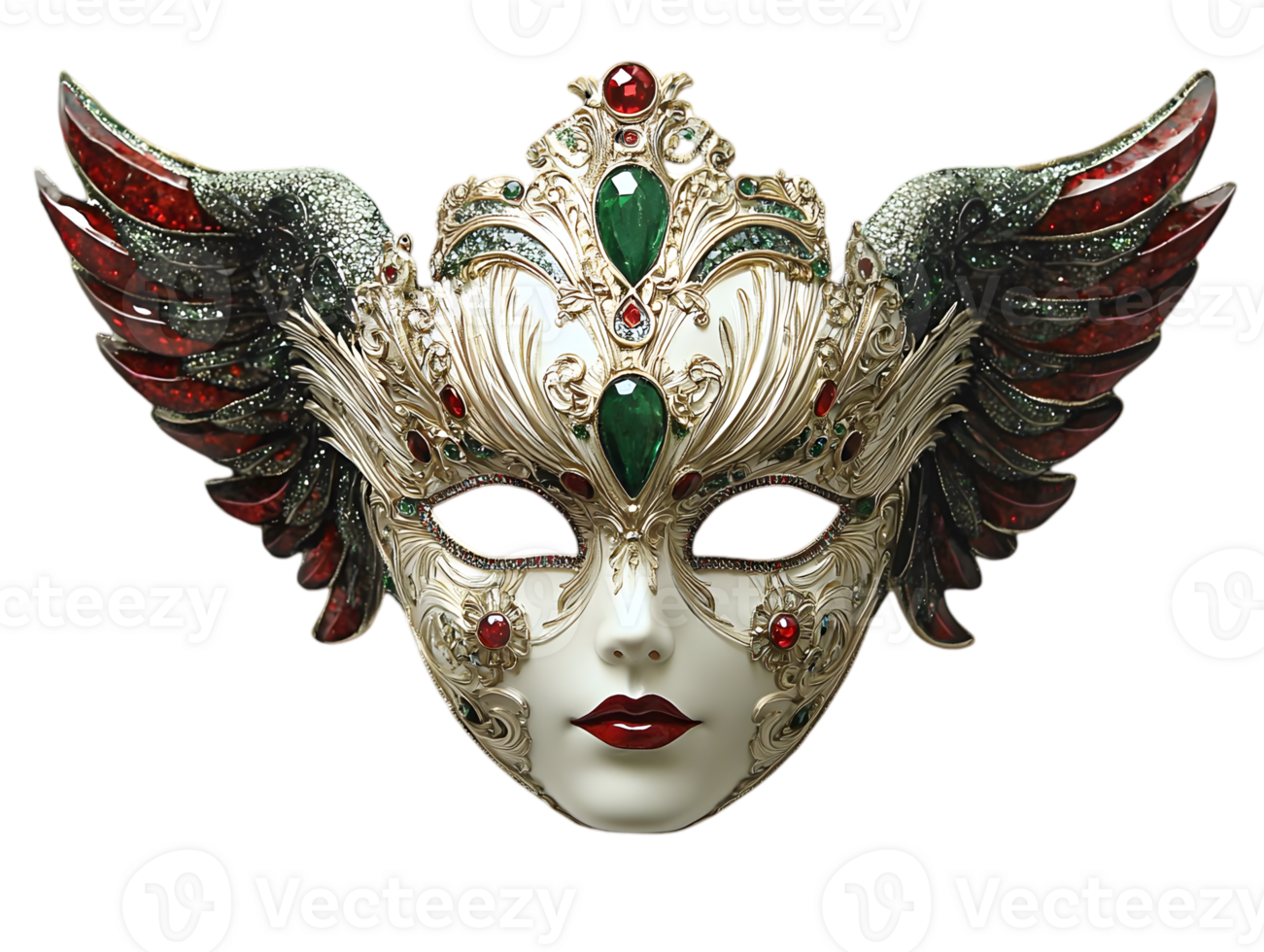 Ornate Venetian Mask with Wings Gold Accents and Gemstones on Transparent Background for Carnival or Masquerade png