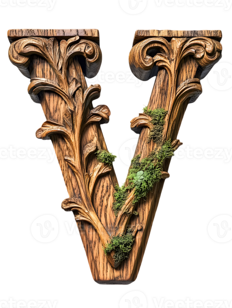 Ornate Wooden Letter V with Moss Accents on Transparent Background png