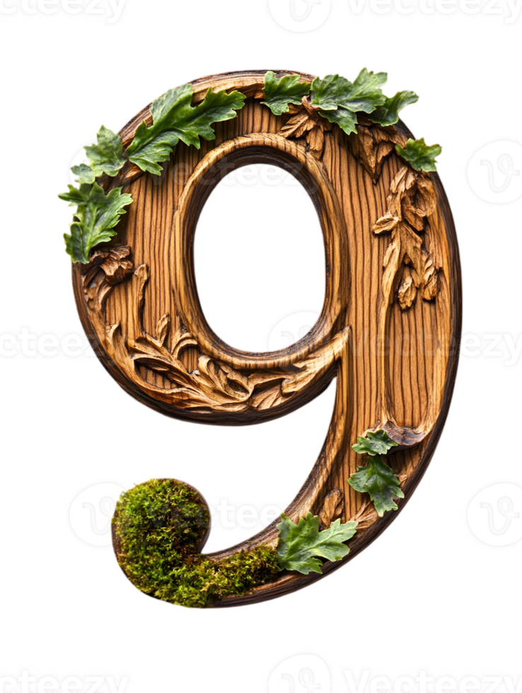 Ornate Wooden Number Nine with Green Leaf and Moss Accents on Transparent Background png