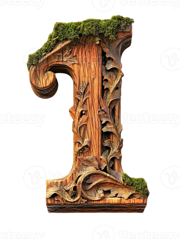 Ornate Wooden Number One with Moss Decoration in 3D Render on Transparent Background png