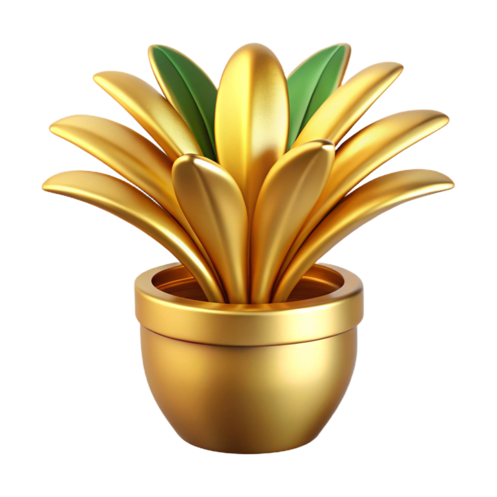A 3D Render of a Golden Plant in a Golden Pot with Green Leaves png