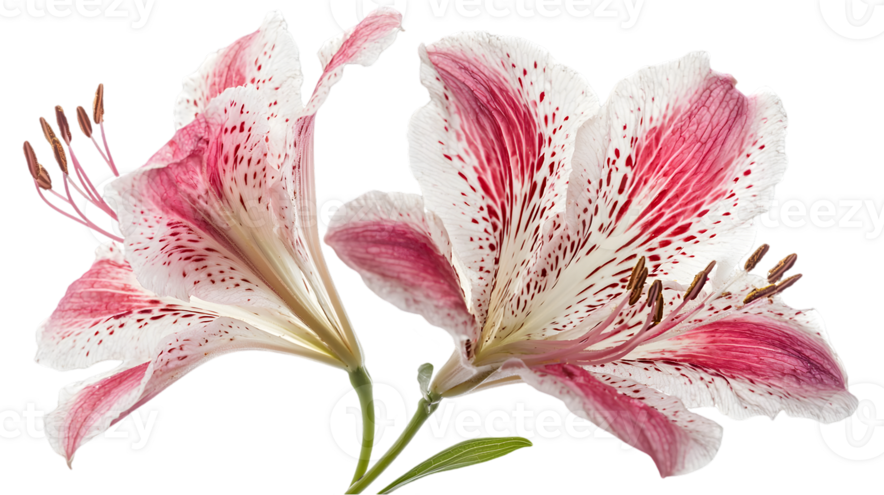 Pair of Blooming Pink and White Spotted Alstroemeria Flowers on Transparent Background png