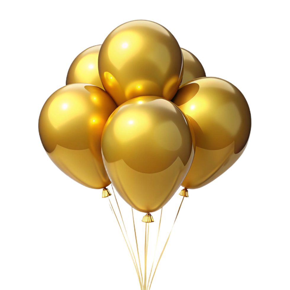 A cluster of shiny golden balloons tied together with strings against a black background png