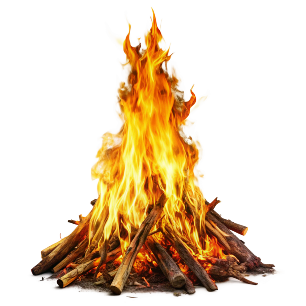 A Fiery Bonfire Burning Brightly Against a Black Background A Vivid Display of Intense Flames and Glowing Embers png