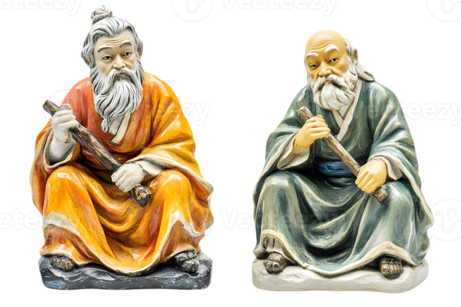 Pair of Ceramic Sage Figures with Ornate Robes and Long White Beards on a Transparent Background png