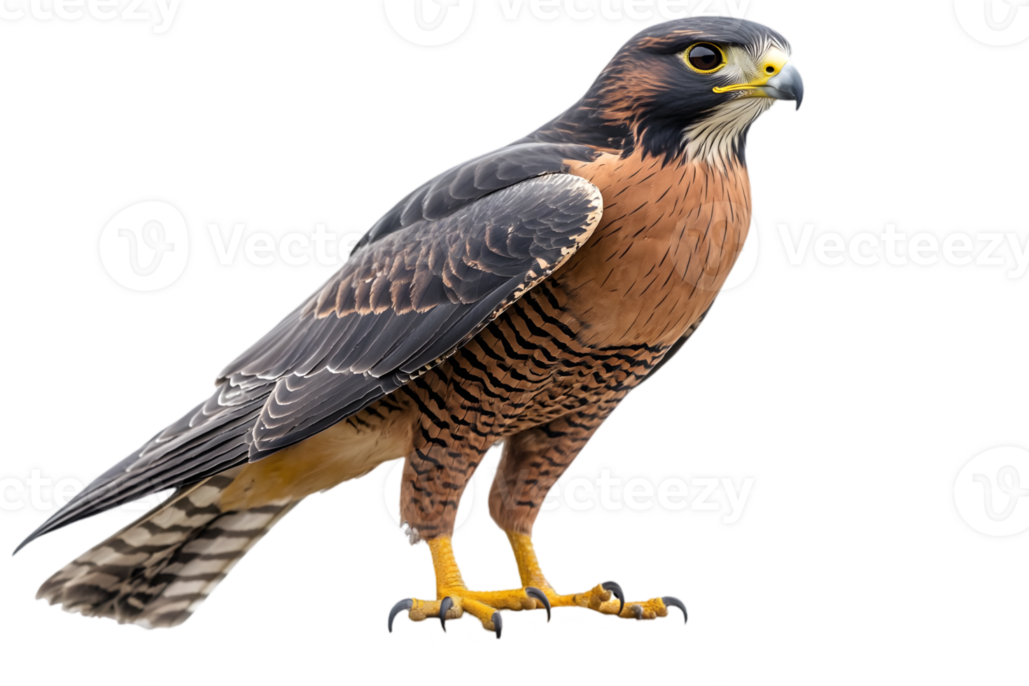 Peregrine Falcon Profile with Detailed Plumage and Yellow Feet on Black Background png