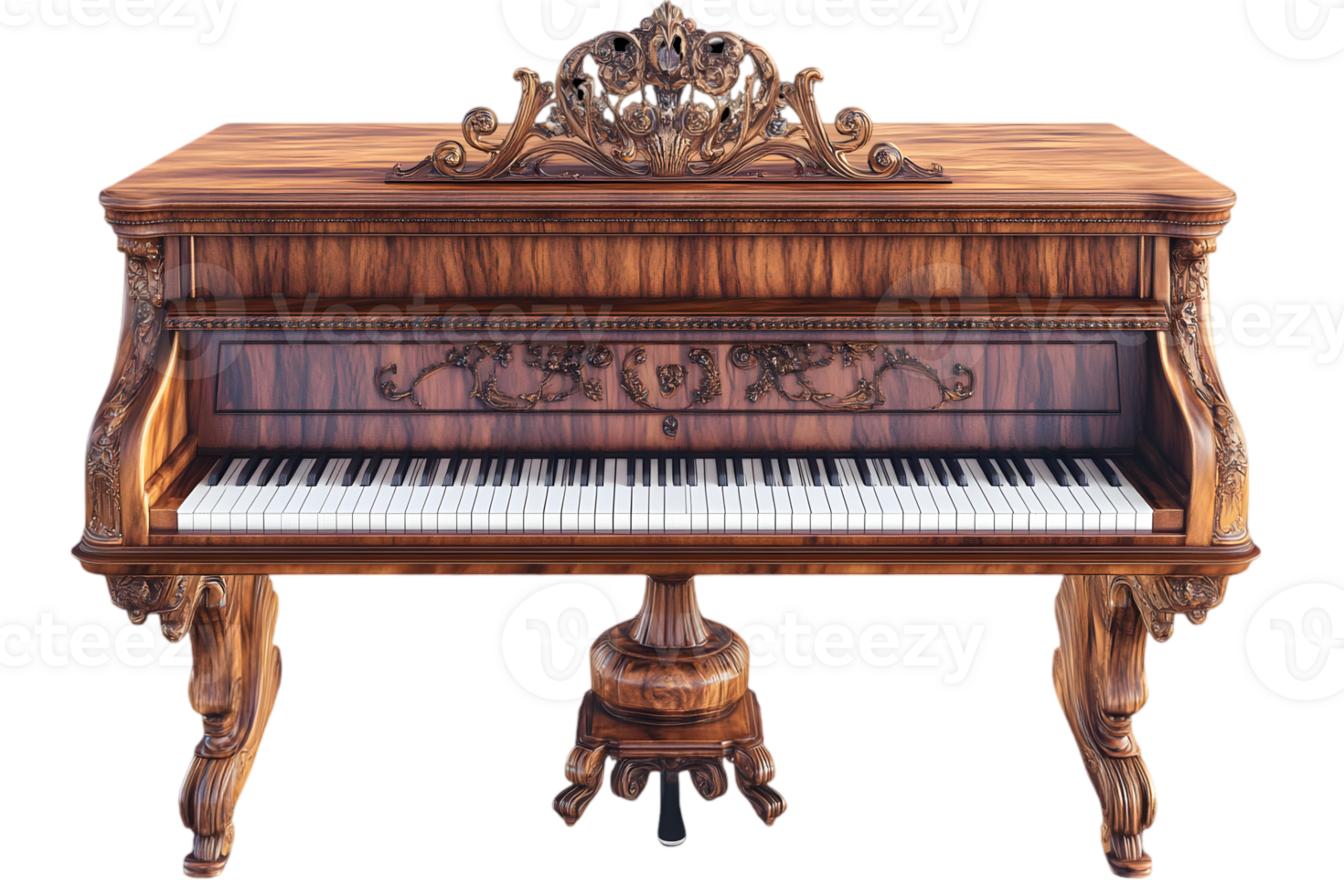 Ornate Wooden Grand Piano with Intricate Carvings and Detailed Key Design on Transparent Background png