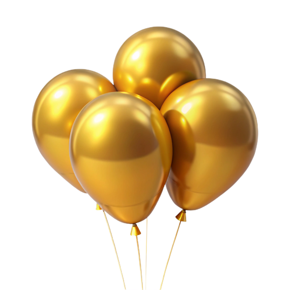 Four Shiny Golden Balloons Tied Together Floating in the Dark png