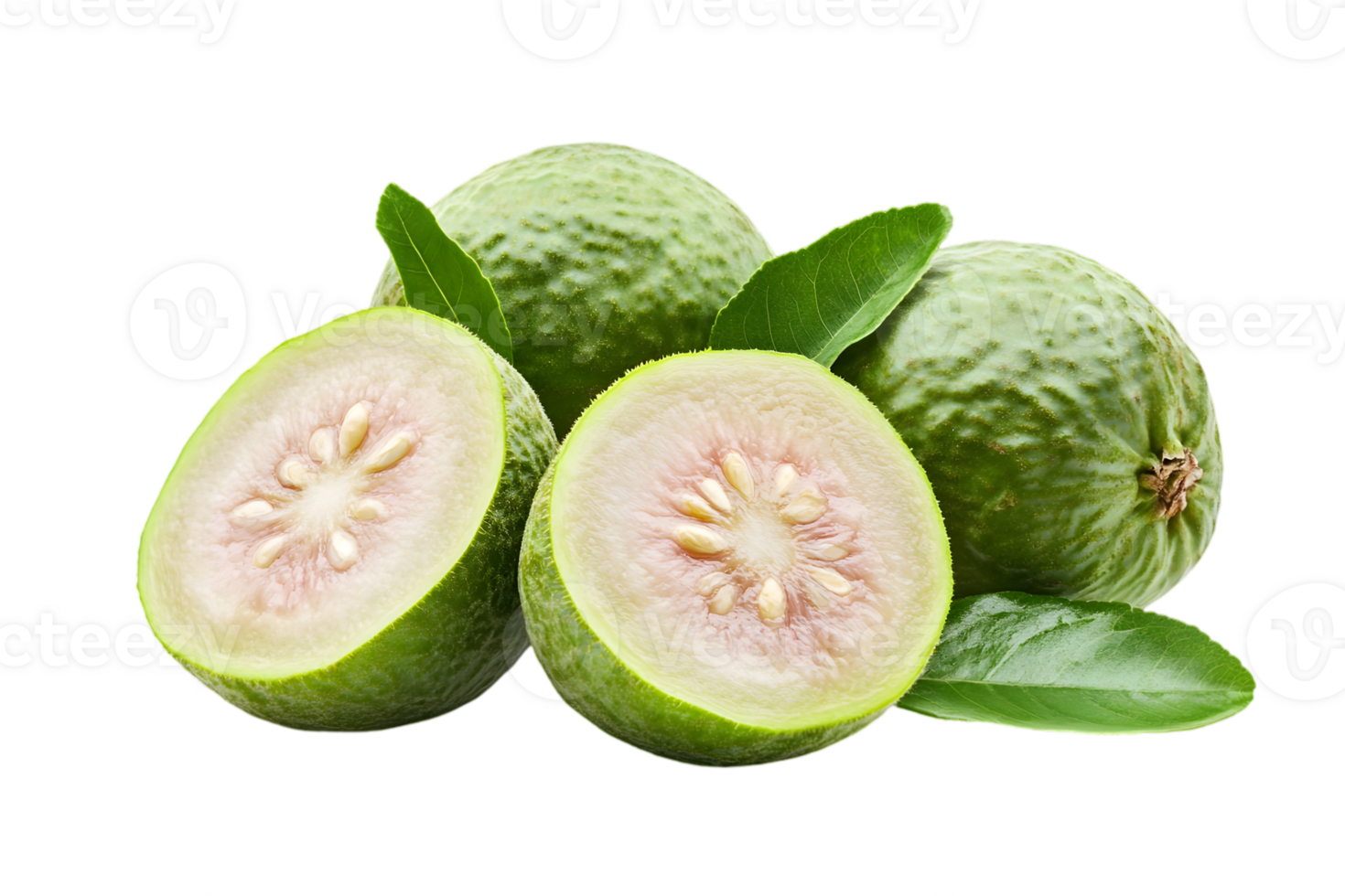 Pile of Fresh Green Feijoa Fruits Sliced in Half with Green Leaves on Transparent Background png