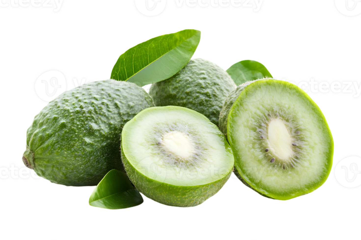 Pile of Green Kiwi Fruits With Leaves Transparent Background With Detailed Texture and Fresh Color Slices of Kiwi Fruit Showing Seeds and Juicy Pulp png