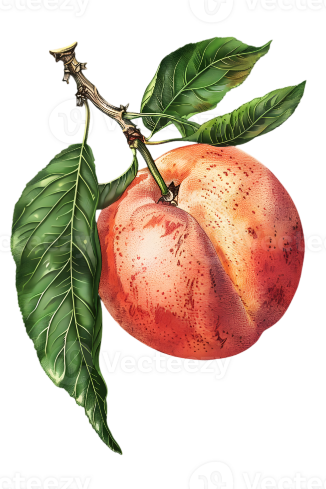 Peach on Branch with Green Leaves Isolated on Transparent Background in Detailed Botanical Illustration Style with Bright Colors and Sharp Focus png