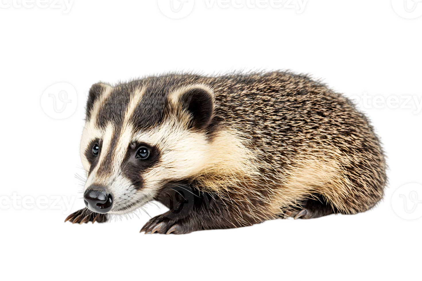 Portrait of a European Badger Lying Down with White and Black Striped Fur Isolated on Transparent Background png
