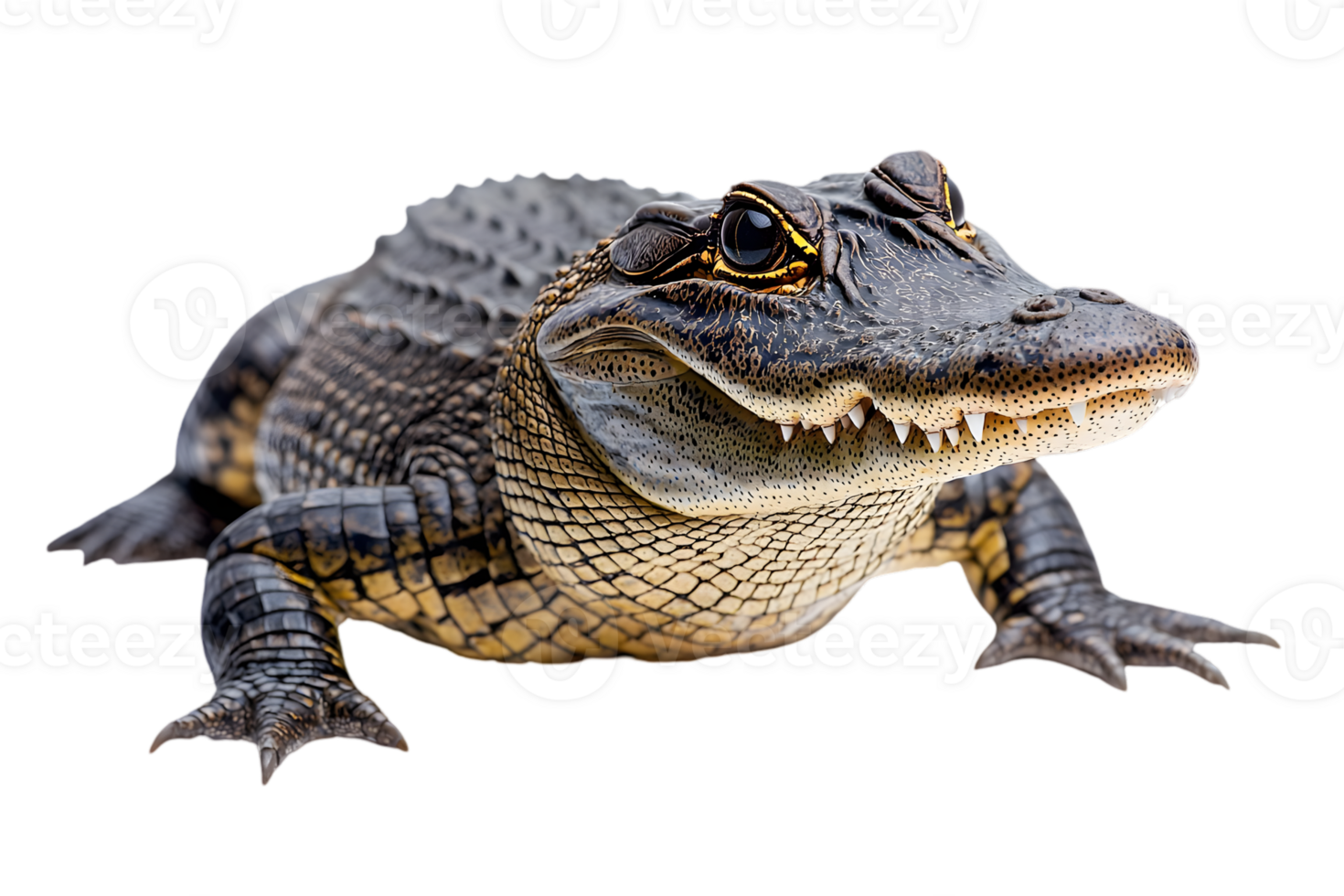 Portrait of a Juvenile Alligator with Brown and Black Skin Pattern Isolated on Black Background Showing Scales and Sharp Teeth Wildlife Predator png