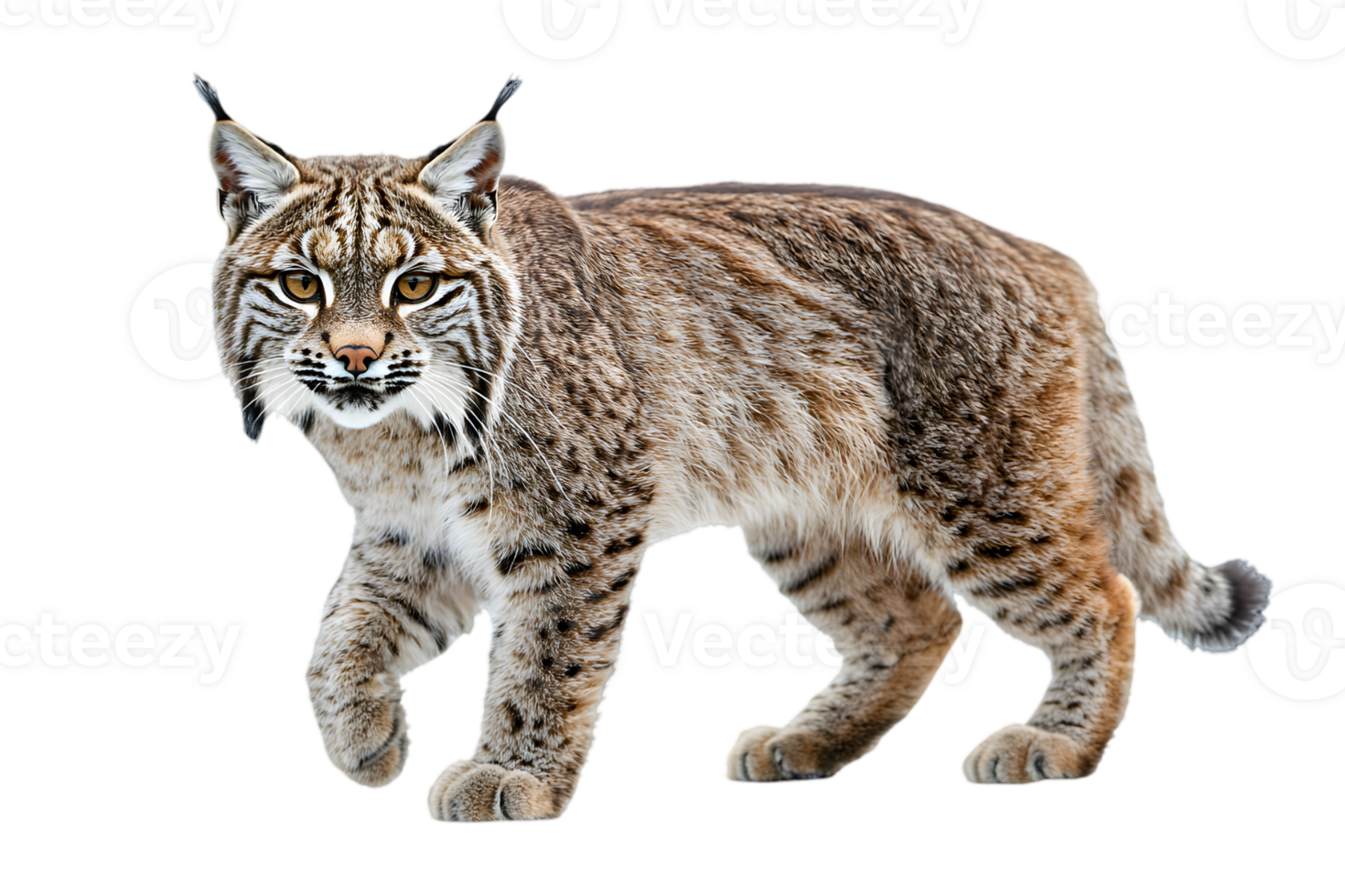 Portrait Of A Wild Bobcat Walking Isolated On Transparent Background A Predator with Spotted Fur Distinct Ears And Intense Gaze png