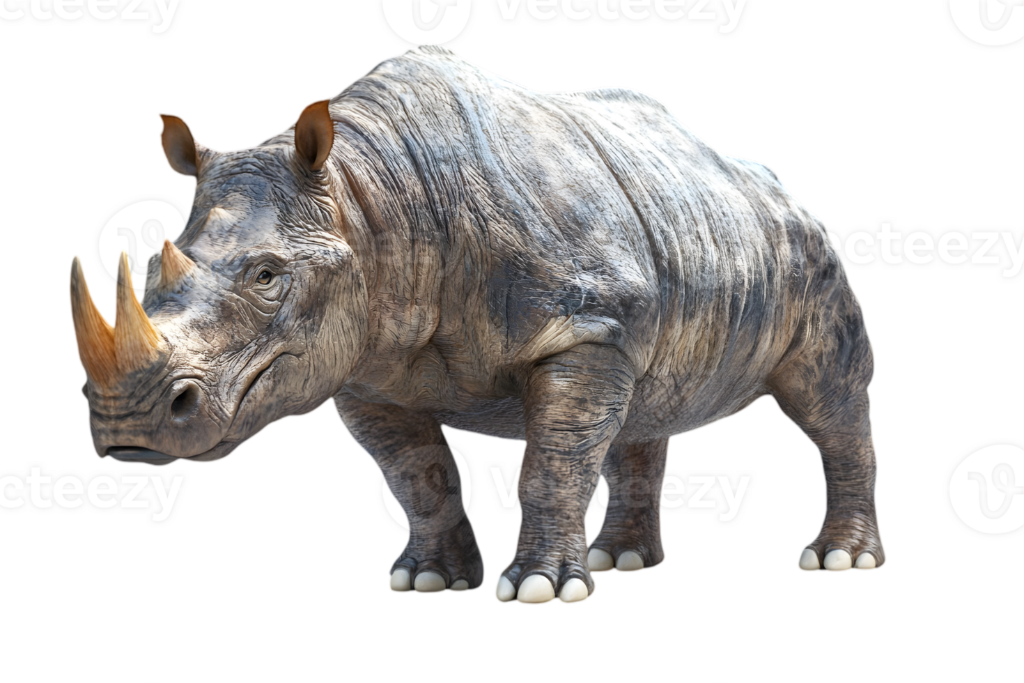 Powerful Gray Rhinoceros Standing Tall on Transparent Background a Detailed Wildlife Portrait of a Horned Herbivore in its Natural Habitat Majestic and Isolated png