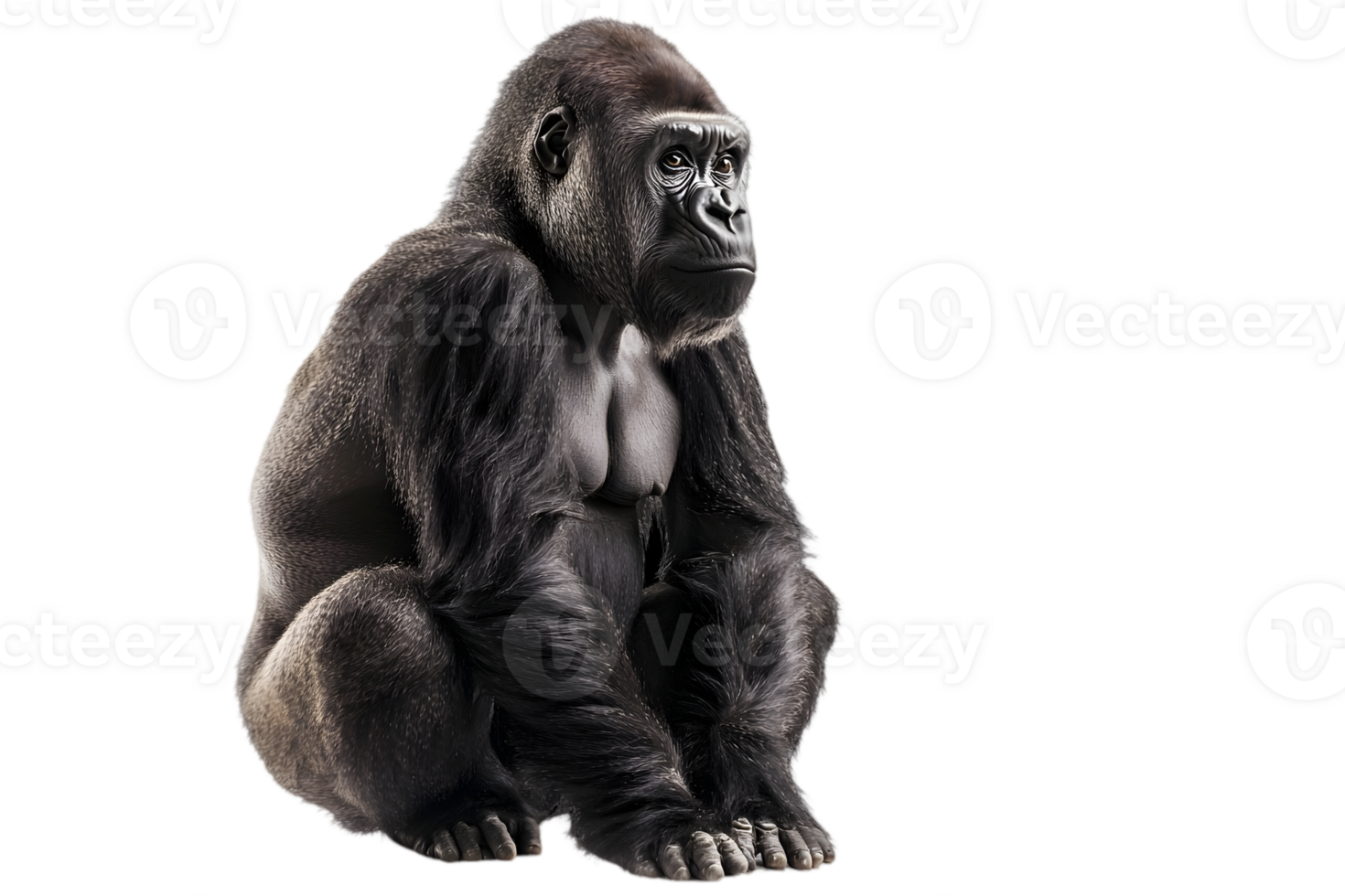 Powerful Portrait of a Seated Black Gorilla in Detail on a Transparent Background png