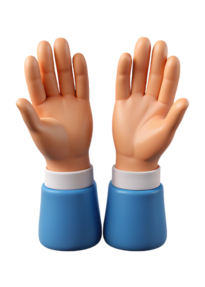 3D Render of Two Cartoon Hands Raised in the Air Showing Open Palms png