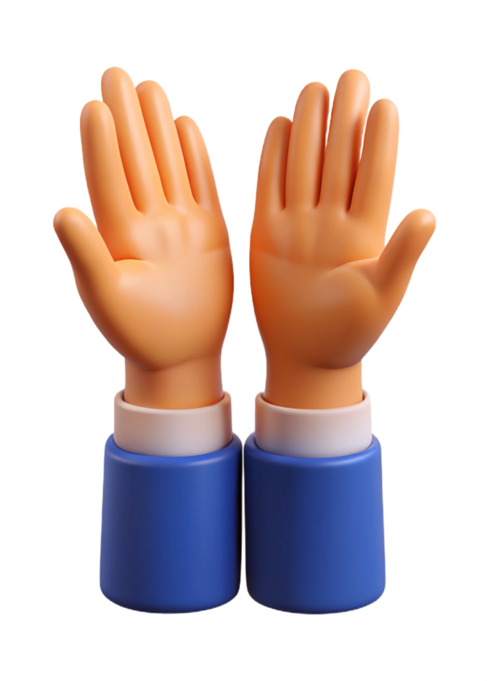 3D Render of Two Cartoon Hands Raised in a Gesture of Asking or Welcoming png