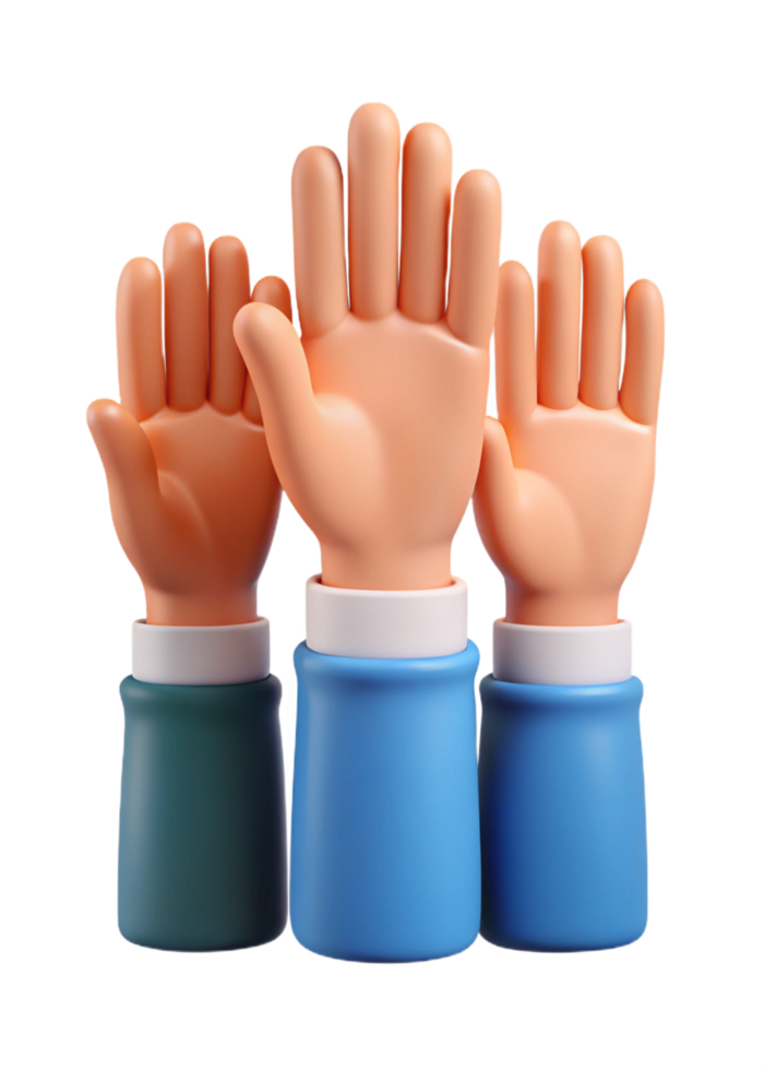 Three Cartoon Hands Raised in Unison Teamwork Collaboration 3D Render png
