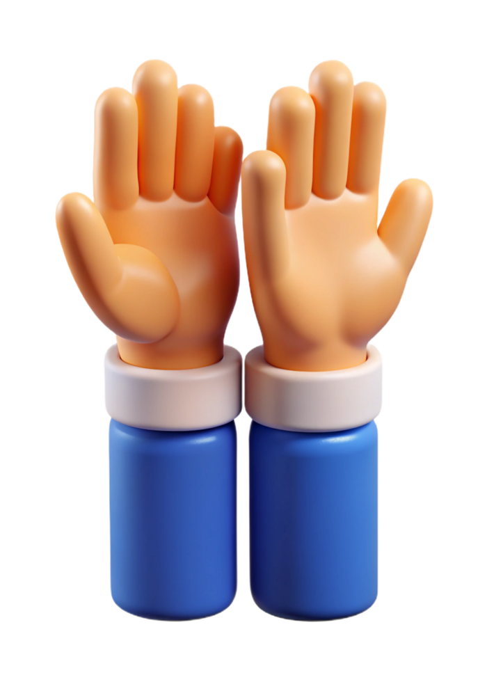 3D Render of Two Cartoon Hands Raised in the Air Showing Agreement or Participation png