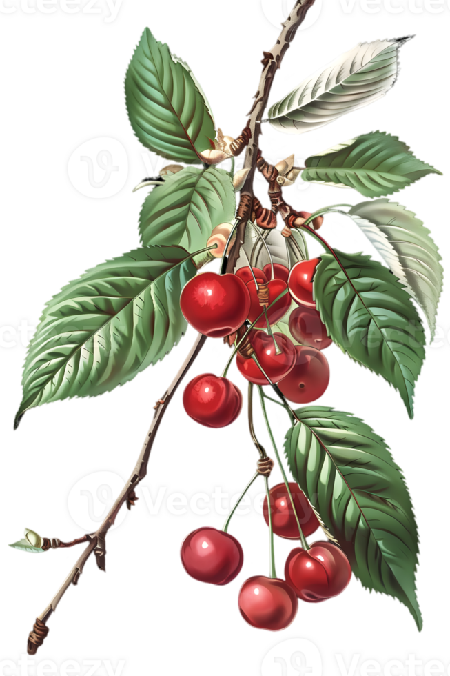 Red Cherries Clustered on Branch with Green Leaves Isolated on Transparent Background Botanical Illustration of Fresh Ripe Fruit png