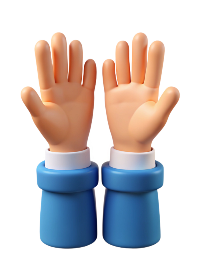 3D Render of Two Cartoon Hands Raised in the Air Showing Asking Question Gesture png