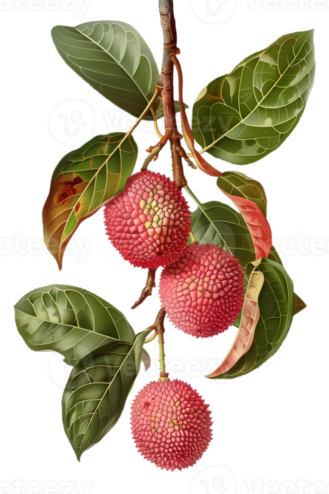 Red Lychee Fruits Hanging from Branch with Green Leaves on a Transparent Background png