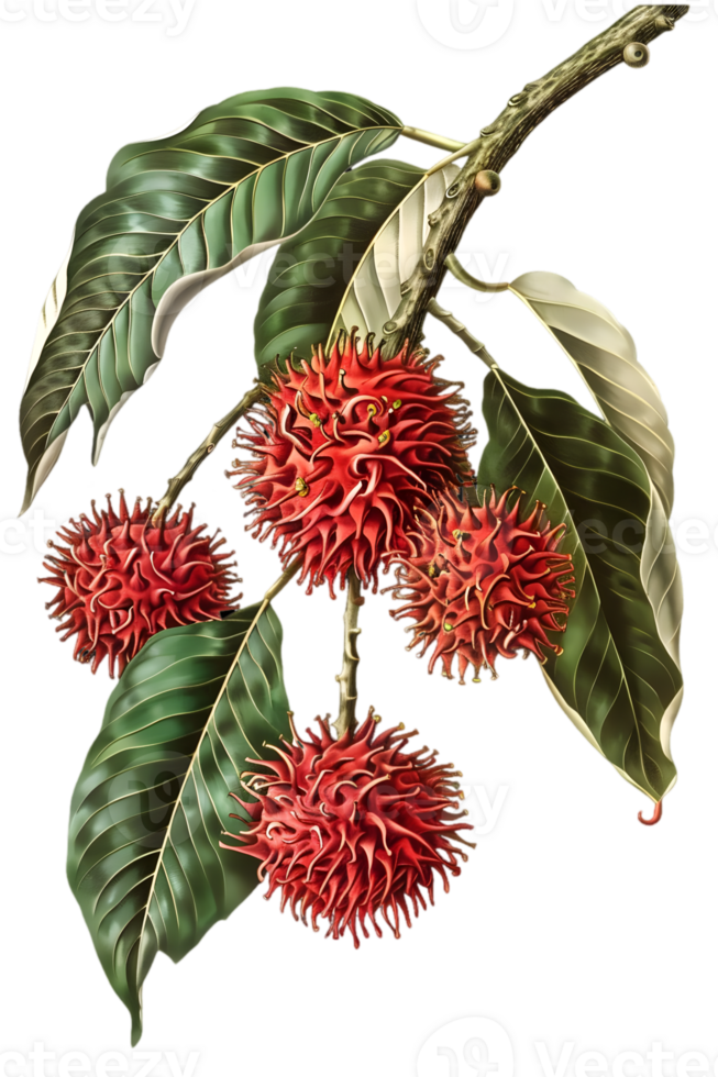 Red Rambutan Fruits on Branch with Green Leaves Isolated on Transparent Background png