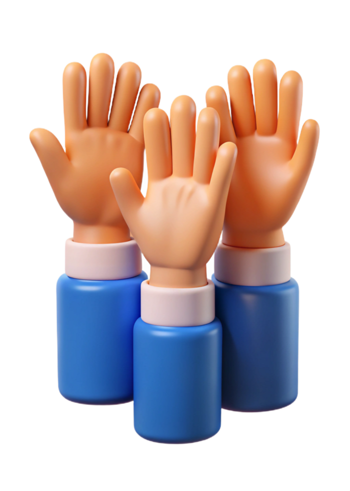 Three Cartoon Hands Raised in Unity Teamwork Collaboration Support 3D Render png