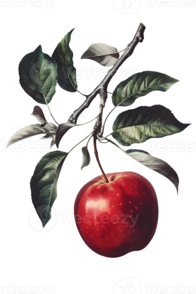Ripe Red Apple Hanging from Branch with Green Leaves on Transparent Background png