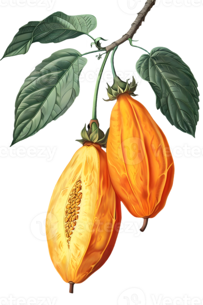 Ripe Orange Tropical Fruits Hanging on a Branch with Lush Green Leaves Isolated on Transparent Background Botanical Illustration png