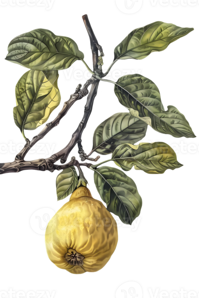 Ripe Yellow Pear Hanging From Branch with Green Leaves on Transparent Background Classic Botanical Illustration for Nutritional or Decoration Needs png