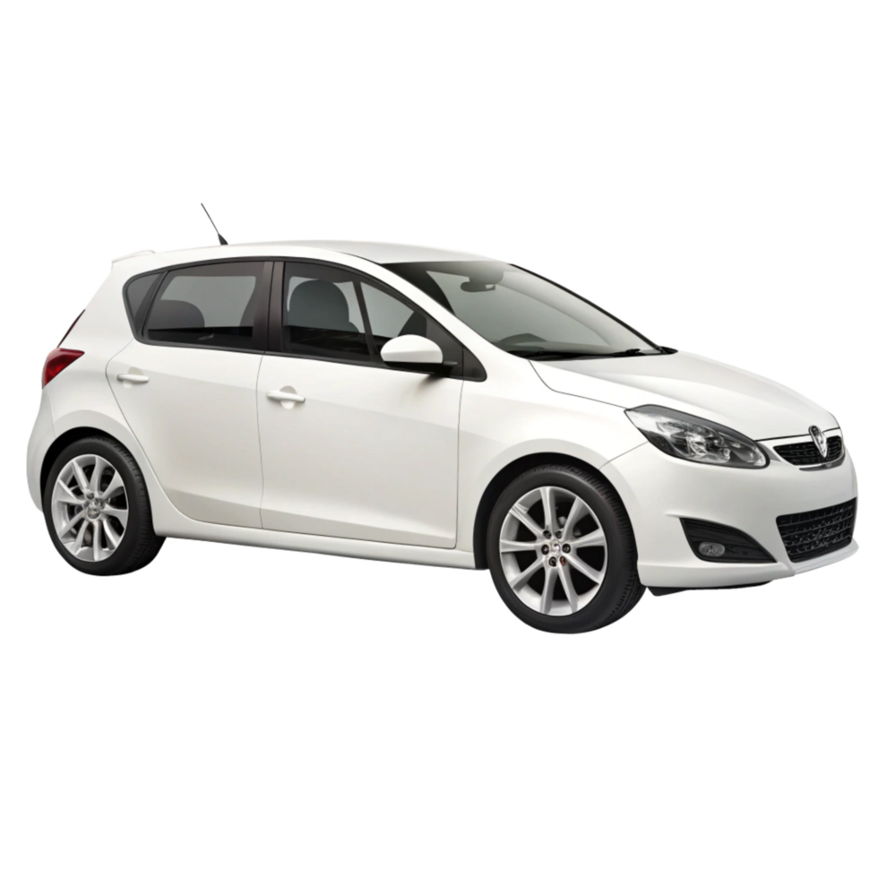 Image of a white fivedoor hatchback car, modern design, alloy wheels png